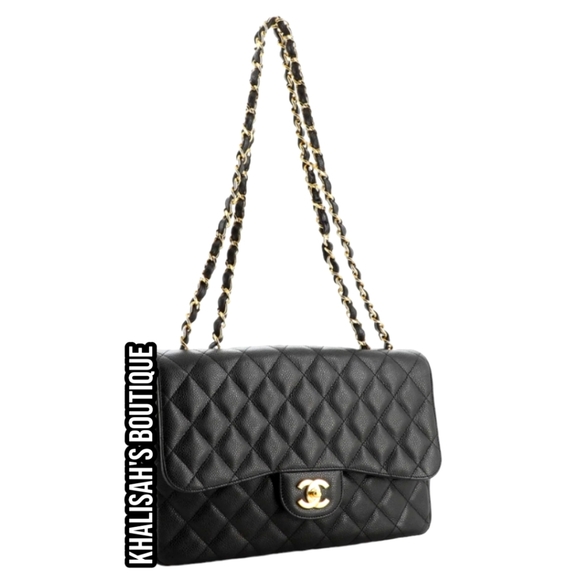 Rare!!! Chanel CC 24 kt GHW Classic Single Flap Bag Quilted BLACK Caviar JUMBO - Picture 4 of 9